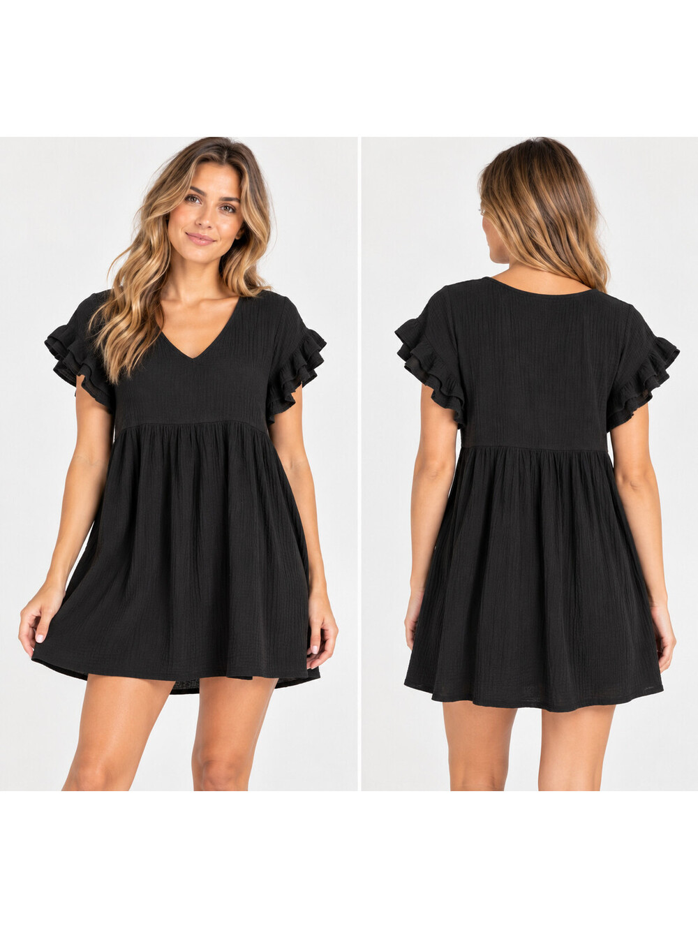 Madewell Womens S Black Cotton Gauze Babydoll Mini Dress Ruffle Sleeve NO258